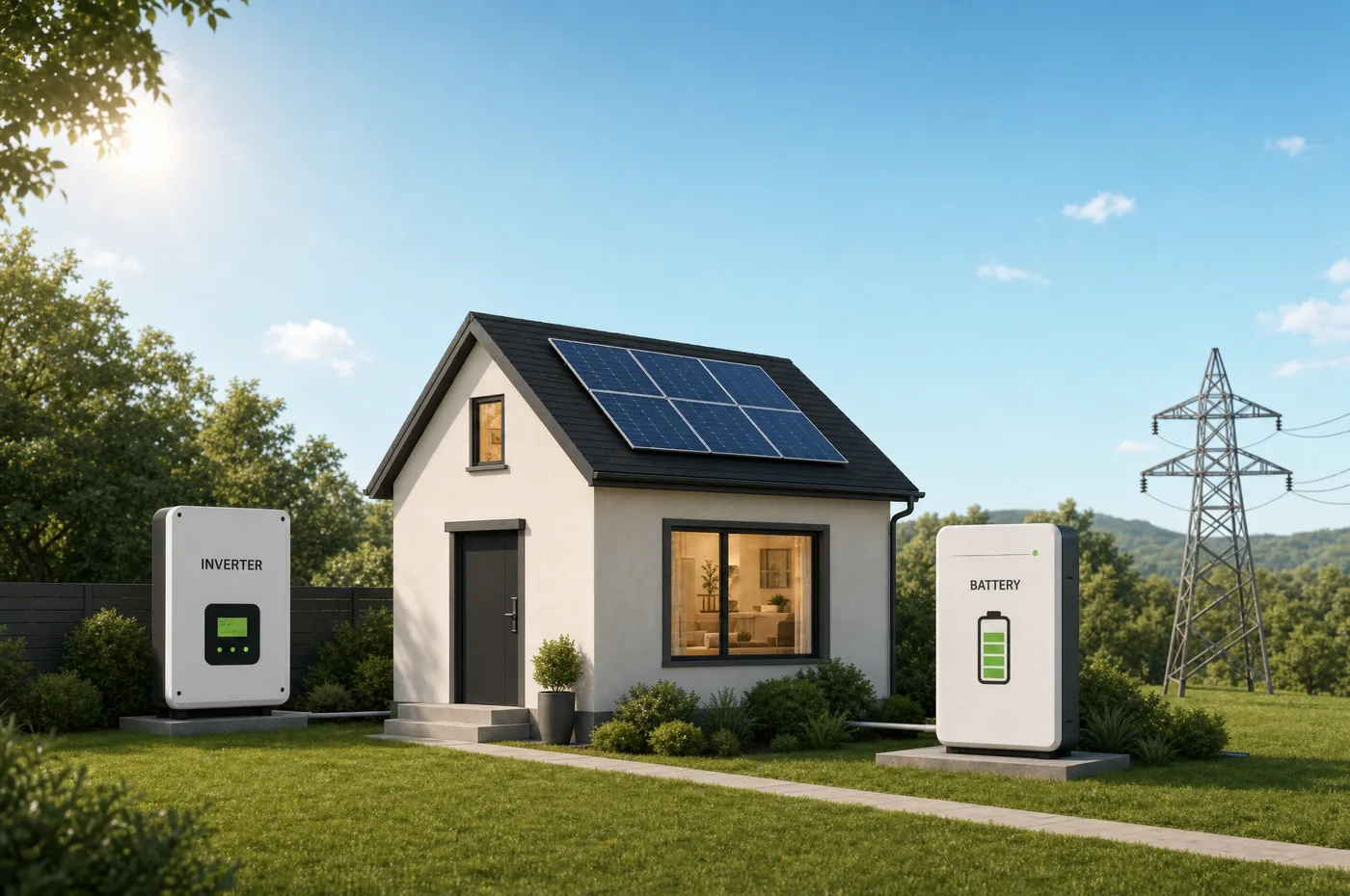 A home with rooftop solar panels, an inverter, a battery and a connection to the grid