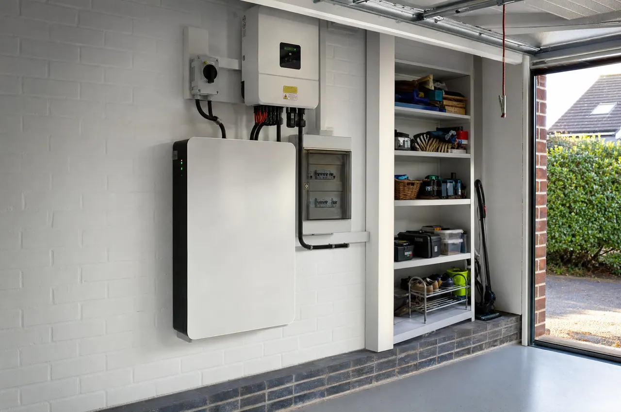 A home battery storage unit installed in a garage