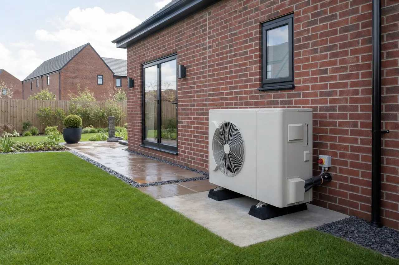 An air source heat pump installed beside a home